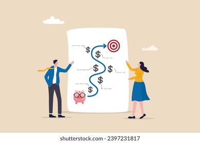 Financial planning, investment growth strategy or money management for retirement goal, budget or expense analysis to reach financial goal, people planning with piggy bank strategy to reach target.