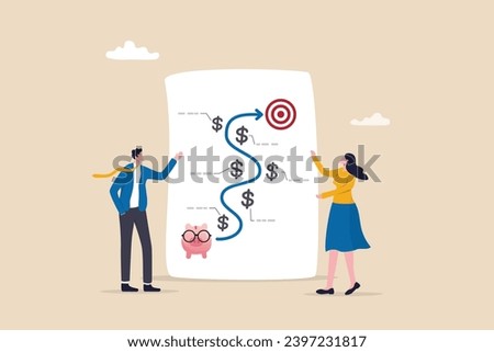 Financial planning, investment growth strategy or money management for retirement goal, budget or expense analysis to reach financial goal, people planning with piggy bank strategy to reach target.