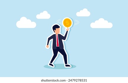 Financial planning investment strategies, profit decisions, debt repayment, and wealth contemplation, concept of A confident businessman spins a big money coin on his finger.