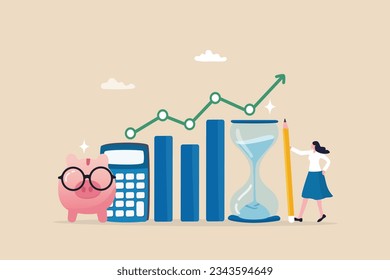 Financial planning, investment or wealth management, savings money or income and salary, budgeting plan for spending, debt and tax concept, woman planning for her savings with piggy bank growth chart.