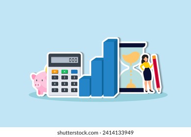 Financial planning, investment or wealth management, savings money or income and salary, budgeting plan for spending, debt and tax concept, woman planning for her savings with piggy bank growth chart.