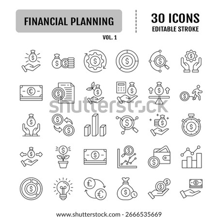 Financial planning line editable icon set. Containing retirement, accounting, implementation, structure, insurance, tax receipt, planner icon. Vector illustration