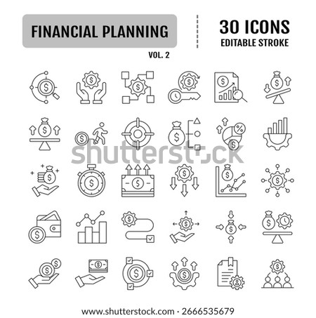 Financial planning line editable icon set. Containing retirement, accounting, implementation, structure, insurance, tax receipt, planner icon. Vector illustration