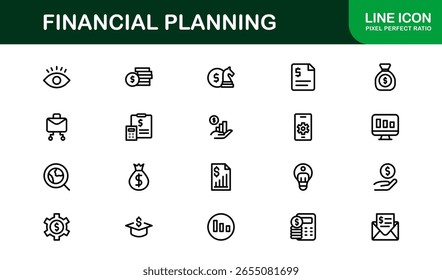 Coleção de Ícones da Linha do Financial Planning - Ícones de estrutura de tópicos exclusivos, criativos e premium com conceitos de gerenciamento de dinheiro, finanças e planejamento econômico