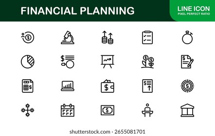 Coleção de Ícones da Linha do Financial Planning - Ícones de estrutura de tópicos exclusivos, criativos e premium com conceitos de gerenciamento de dinheiro, finanças e planejamento econômico