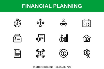 Coleção de Ícones da Linha do Financial Planning - Ícones de estrutura de tópicos exclusivos, criativos e premium com conceitos de gerenciamento de dinheiro, finanças e planejamento econômico