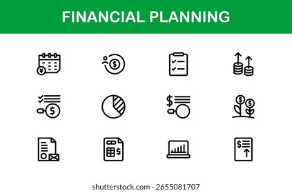 Coleção de Ícones da Linha do Financial Planning - Ícones de estrutura de tópicos exclusivos, criativos e premium com conceitos de gerenciamento de dinheiro, finanças e planejamento econômico