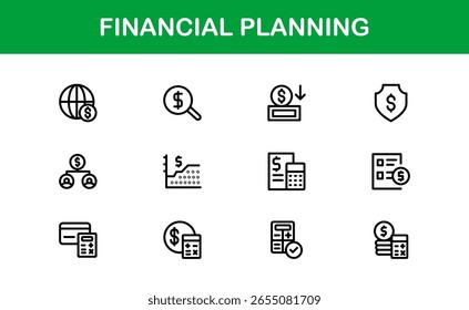 Coleção de Ícones da Linha do Financial Planning - Ícones de estrutura de tópicos exclusivos, criativos e premium com conceitos de gerenciamento de dinheiro, finanças e planejamento econômico
