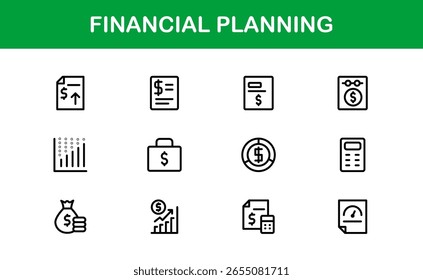 Coleção de Ícones da Linha do Financial Planning - Ícones de estrutura de tópicos exclusivos, criativos e premium com conceitos de gerenciamento de dinheiro, finanças e planejamento econômico