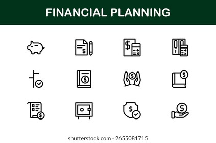 Coleção de Ícones da Linha do Financial Planning - Ícones de estrutura de tópicos exclusivos, criativos e premium com conceitos de gerenciamento de dinheiro, finanças e planejamento econômico