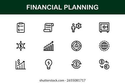 Coleção de Ícones da Linha do Financial Planning - Ícones de estrutura de tópicos exclusivos, criativos e premium com conceitos de gerenciamento de dinheiro, finanças e planejamento econômico