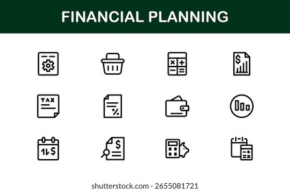 Coleção de Ícones da Linha do Financial Planning - Ícones de estrutura de tópicos exclusivos, criativos e premium com conceitos de gerenciamento de dinheiro, finanças e planejamento econômico