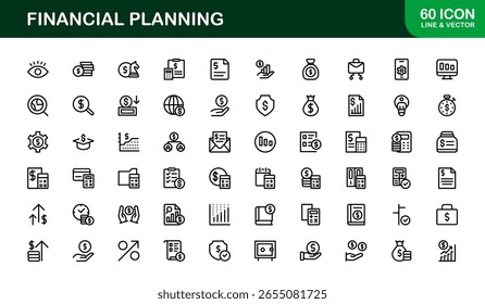 Coleção de Ícones da Linha do Financial Planning - Ícones de estrutura de tópicos exclusivos, criativos e premium com conceitos de gerenciamento de dinheiro, finanças e planejamento econômico