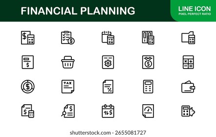 Coleção de Ícones da Linha do Financial Planning - Ícones de estrutura de tópicos exclusivos, criativos e premium com conceitos de gerenciamento de dinheiro, finanças e planejamento econômico