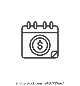 Icono de línea de Financial Planning. signo de estilo lineal para concepto y Diseño web móvil. Calendario con icono de Vector de contorno de signo de dólar. Símbolo, ilustración del logotipo. Vector gráfico