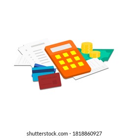 financial planning management concept. calculator with bills and credit card including golden coins and money on white background. vector illustration