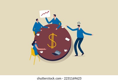Financial planning meeting to make a profit. Business team in a meeting around a large dollar symbol. Illustration