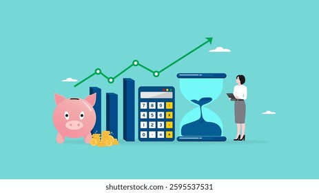 financial planning, money allocation, balance between income and investment, investment or wealth management, saving money or salary, businesswoman planning his financial with piggy bank grow chart