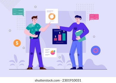 Finanzplanung violetter Hintergrund-Konzept mit Menschen-Szene in der flachen Cartoon-Design. Mitarbeiter eines Finanzunternehmens verteilen Geld für die Zukunft und erstellen Pläne. Vektorgrafik.