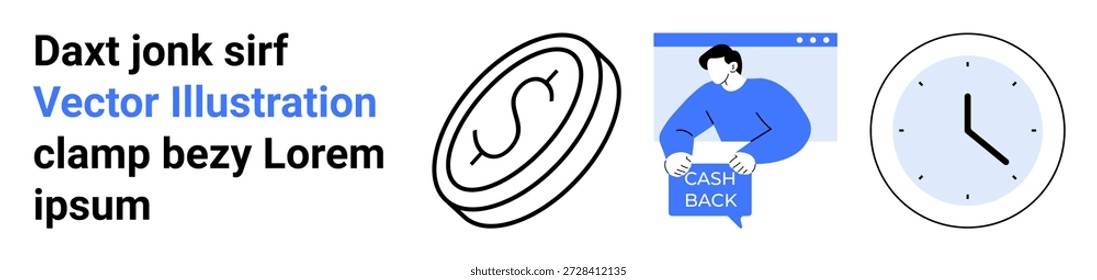 Financial planning, rebate programs, budget management, savings tools, e-commerce, time management. Coin symbol, user interface showing cashback and wall clock. Financial planning and rebate