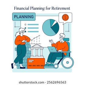 Financial Planning for Retirement concept. Senior couple analyzing investments and savings, strategizing financial security. Vector illustration.