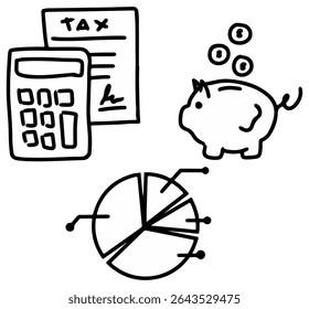 Planejamento Financeiro Poupança Orçamento Calculadora Imposto Pie Gráfico Piggy Bank Money Management Ilustração