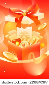 Financial planning scene, the background is a gift box with a lot of gold coins and various coupons, vector illustration, Chinese translation: Coupons