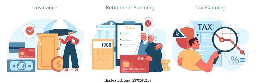 Finanzplanung Wichtigste Aspekte der finanziellen Sicherheit: Versicherungs-, Pensions- und Steuerplanung. Strategische Schritte für zukünftigen Wohlstand. Flache Vektorgrafik