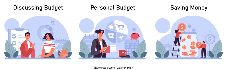 Financial planning set. Personal and family budget development, expense management. Investing money. Financial well-being. Flat vector illustration