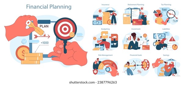 Financial planning set. Strategic financial planning and effective money management. Achieving financial goals and ensuring economic stability. Flat vector illustration