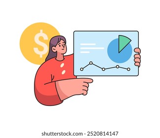 Planificación y estrategia financiera, Ilustración vectorial plana de dibujos animados. Mujer aislada con gráfico y diagrama de ganancias de dinero y rentabilidad. Presentación en el trabajo, fondos del presupuesto personal