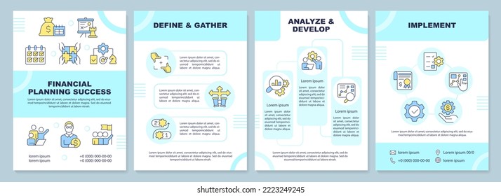 Financial planning success brochure template. Leaflet design with linear icons. Editable 4 vector layouts for presentation, annual reports. Arial-Black, Myriad Pro-Regular fonts used