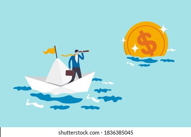 Financial planning target, vision and strategy for financial freedom or retirement saving goal concept, businessman salary man investor riding the boat using telescope to see far golden money coin.