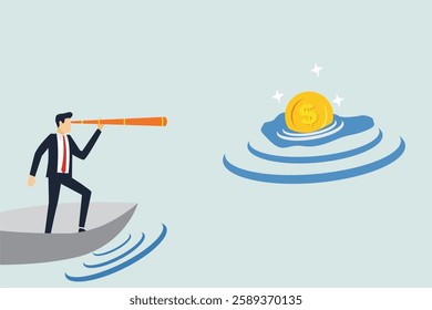 Financial planning target, vision and strategy for financial freedom or retirement saving goal concept, businessman salary man investor riding the boat using telescope to see far golden money coin