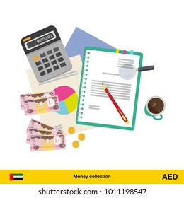 Financial planning with top view. Business calculator, cup of coffee, blank paper, reports. Dirham banknote. Business finance concept vector illustration.