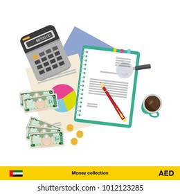 Financial planning with top view. Business calculator, cup of coffee, blank paper, reports. Dirham banknote. Business finance concept vector illustration.