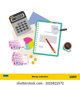 Financial planning with top view. Business calculator, cup of coffee, blank paper, reports.  hryvnia banknote. Business finance concept vector illustration.