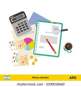 Financial planning with top view. Business calculator, cup of coffee, blank paper, reports.  Peso banknote. Business finance concept vector illustration.