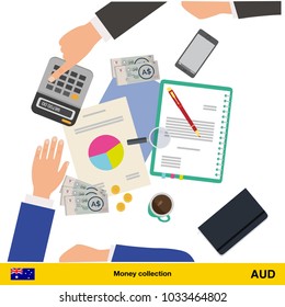 Financial planning with top view. Business calculator, cup of coffee, blank paper, reports, phone, hands.  Australian dollar banknote. Business finance concept vector illustration.