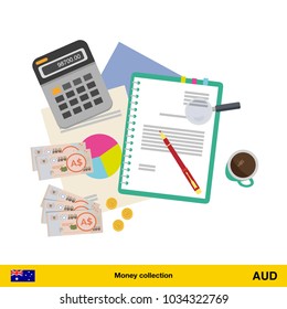 Financial planning with top view. Business calculator, cup of coffee, blank paper, reports.  Australian dollar banknote. Business finance concept vector illustration.