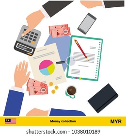 Financial planning with top view. Business calculator, cup of coffee, blank paper, reports, phone, hands. Ringgit banknote. Business finance concept vector illustration.


