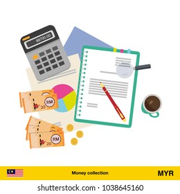 Financial planning with top view. Business calculator, cup of coffee, blank paper, reports.  Ringgit banknote. Business finance concept vector illustration.