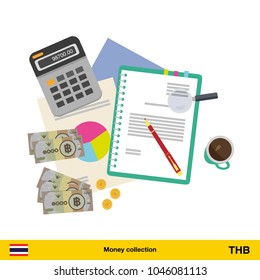 Financial planning with top view. Business calculator, cup of coffee, blank paper, reports. Thai baht banknote. Business finance concept vector illustration.


