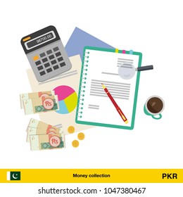 Financial planning with top view. Business calculator, cup of coffee, blank paper, reports. Pakistan rupee banknote. Business finance concept vector illustration.

