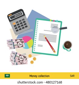 Financial planning with top view. Business calculator, cup of coffee, blank paper, reports. Saudi Arabian Riyal banknote. Business finance concept vector illustration.