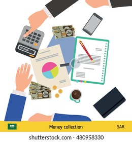 Financial planning with top view. Business calculator, cup of coffee, blank paper, reports, phone, hands. Saudi Arabian Riyal banknote. Business finance concept vector illustration.