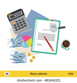 Financial planning with top view. Business calculator, cup of coffee, blank paper, reports. South Korean Won banknote. Business finance concept vector illustration.
