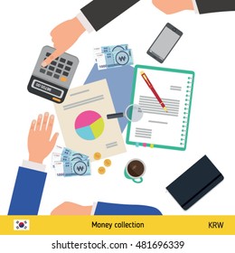 Financial planning with top view. Business calculator, cup of coffee, blank paper, reports, phone, hands. South Korean Won banknote. Business finance concept vector illustration.
