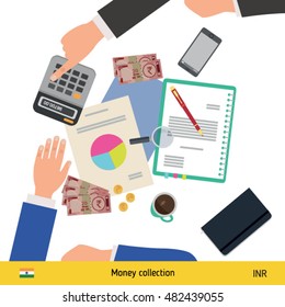 Financial planning with top view. Business calculator, cup of coffee, blank paper, reports, phone, hands. Saudi Arabian Riyal banknote. Business finance concept vector illustration.