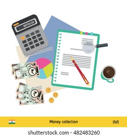 Financial planning with top view. Business calculator, cup of coffee, blank paper, reports. Saudi Arabian Riyal banknote. Business finance concept vector illustration.